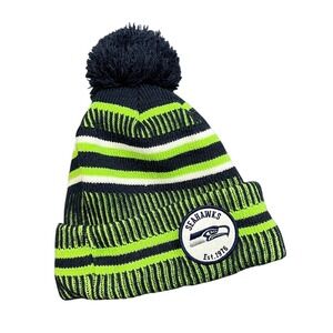 New Era Seattle Seahawks NFL 100 Beanie Hat Navy Blue Green Striped Fleece Lined